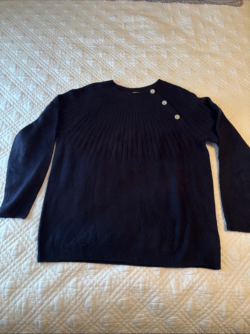 Talbots Navy Crewneck Sweater with Decorative Shoulder Buttons